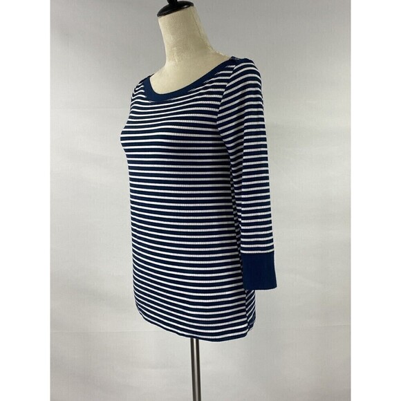 Akemi & Kin Anthropologie Tee Navy Blue White Breton Stripe Medium Boat Neck - Picture 3 of 10